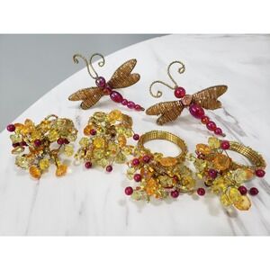 6 Pier One Beaded Dragonfly Napkin Rings  Gold Wire Wings Glass Beads Spring